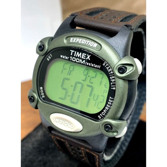 Timex Men's Watch T48042 Expedition Digital Quartz Indiglo Leather Strap 39mm - Picture 1 of 14